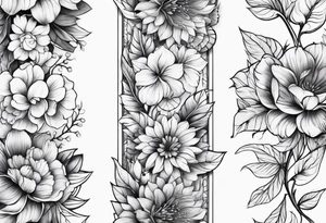 Verticle arm wrap of soft flowers and leaves forearm tattoo idea