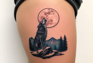lone wolf howling at full moon with northern lights backdrop tattoo idea