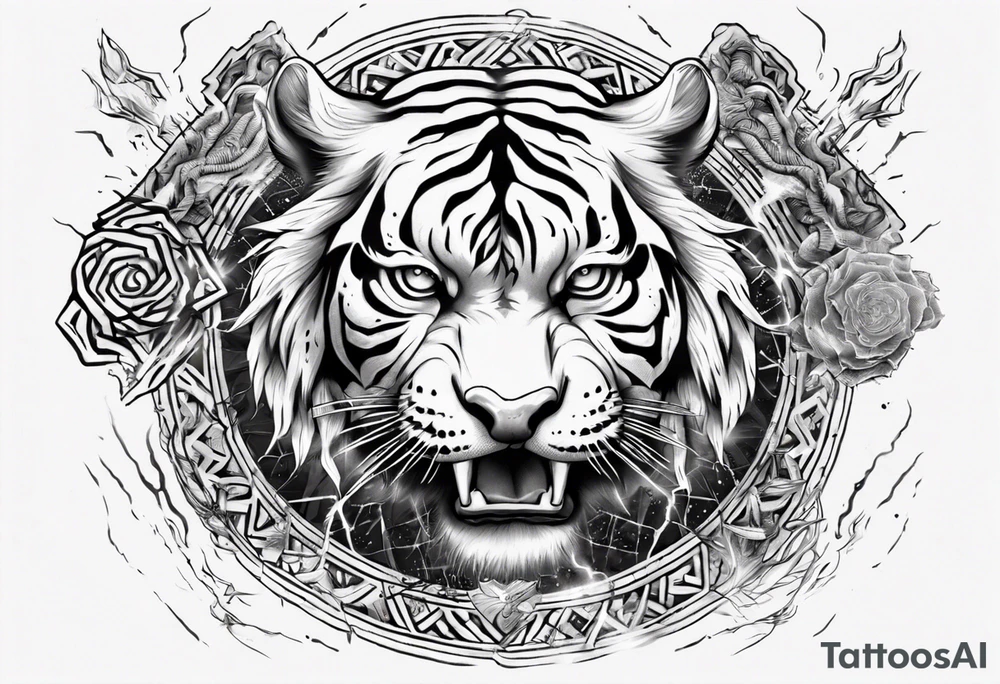 Ancient tiger with lightning and a sun for a forearm sleeve. With patterns surrounding it tattoo idea