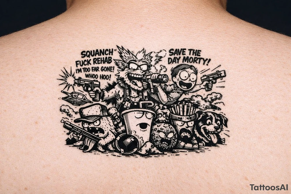 Squanch Rick drinking and shooting things and morty being reckless save the day morty , squanch fuck rehad I'm too far gone! Whoo hoo , Mr pickles and squid billies with aqua team hunger force tattoo idea