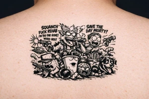 Squanch Rick drinking and shooting things and morty being reckless save the day morty , squanch fuck rehad I'm too far gone! Whoo hoo , Mr pickles and squid billies with aqua team hunger force tattoo idea