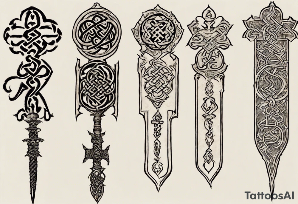 On the left peck I want the Hindu symbol Kirtimukha and then one of its fangs goes in a curvy way down my left shoulder to the inside of my bicep. The inside of the bicep has a dagger and the handle of the dagger is the Buddhist symbol "Endless Knot". The "Endless Knot" and the Kirtimukha are connected by Kirtimukhas fang tattoo idea
