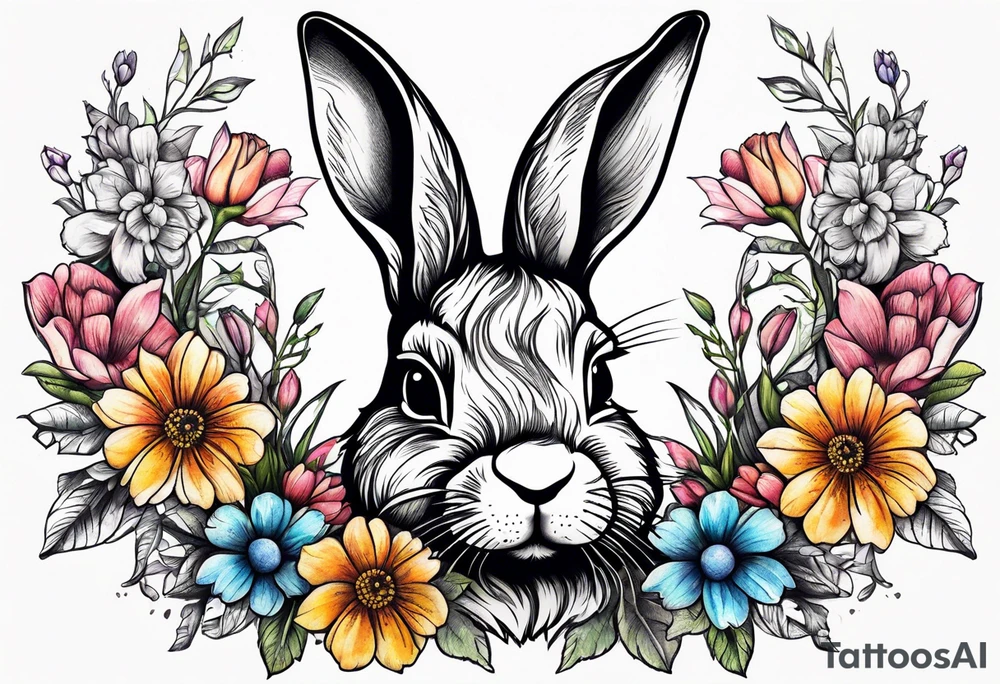 bunny head with flowers around it tattoo idea