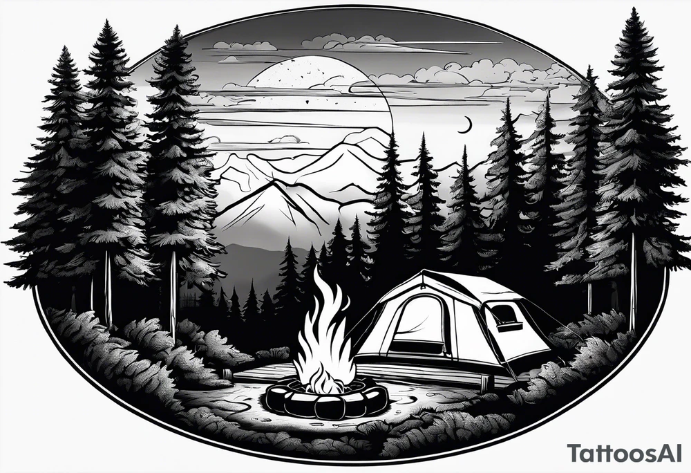 Campground with onr small tent and small fire pit with smoke billowing out of it. Forest of trees surrounding it with three large pine trees being the focus in the background. tattoo idea