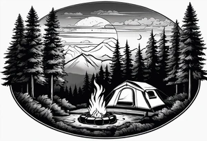 Campground with onr small tent and small fire pit with smoke billowing out of it. Forest of trees surrounding it with three large pine trees being the focus in the background. tattoo idea