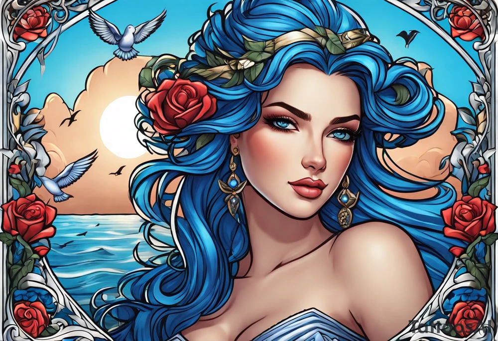 Aphrodite is the goddess of love, with a seaside background, surrounded by birds.. blue roses frames, background blue,present it in a tattoo tattoo idea