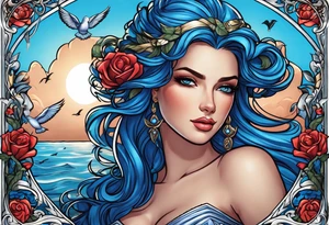 Aphrodite is the goddess of love, with a seaside background, surrounded by birds.. blue roses frames, background blue,present it in a tattoo tattoo idea