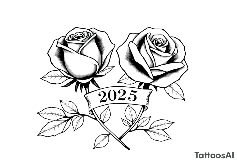 two beautiful large rose buds, one larger than the other, with many leaves next to the rose buds, with one sitting higher than the other. Include a banner connecting the two roses with the year "2025" on it.   Use dark outlines with little shading. The two stems should be short, not long, and connect and join into one stem, whimsically curved or twisted - not straight down. tattoo idea