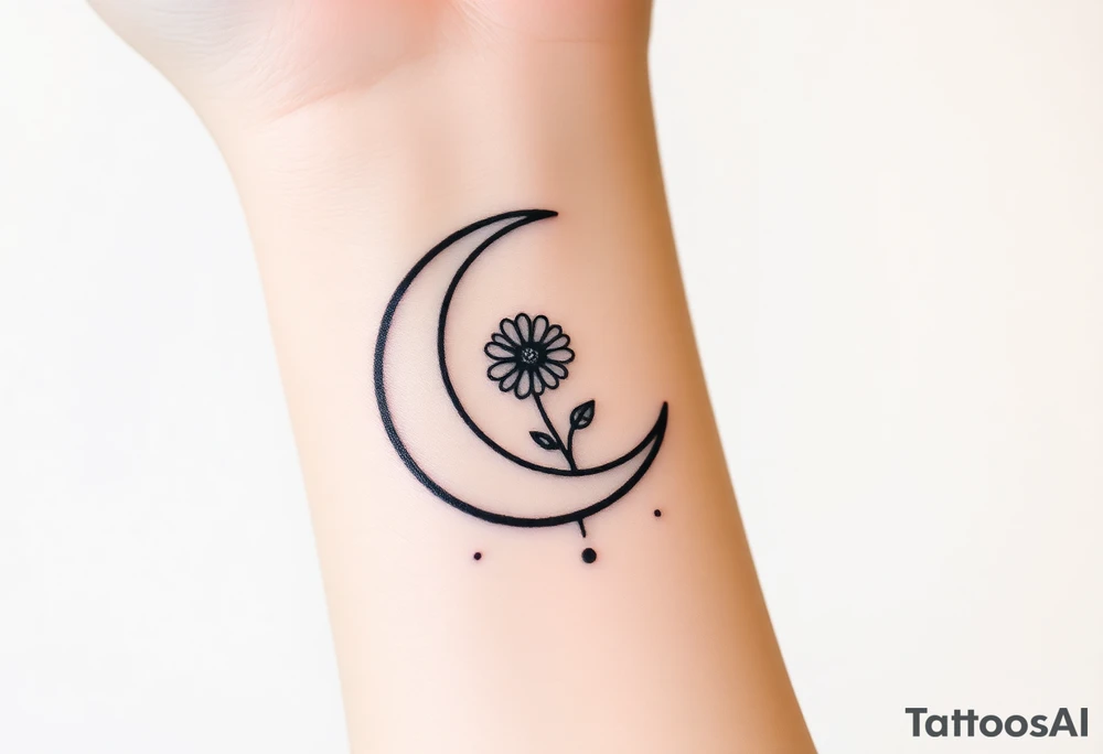 Small black and white tattoo waxing crescent moon with small Daisy birth flower and tiny Leo gliph tattoo idea