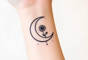 Small black and white tattoo waxing crescent moon with small Daisy birth flower and tiny Leo gliph tattoo idea