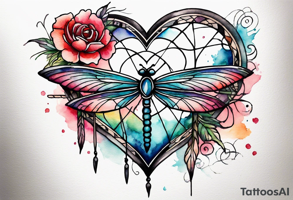 Watercolor tattoo of heart with cross going through the heart. Small Dragonfly flying on side with dreamcatcher tattoo idea