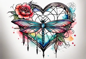 Watercolor tattoo of heart with cross going through the heart. Small Dragonfly flying on side with dreamcatcher tattoo idea