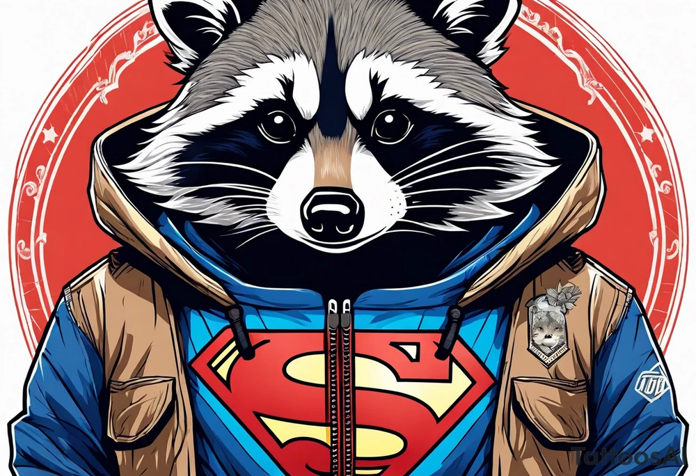 raccoon wearing a Superman hoodie tattoo idea