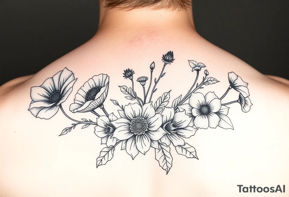 poppy, gladiolus, holly, narcissistic, poinsettia, daisy, and sweet pea arm tattoo tattoo idea