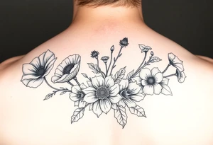 poppy, gladiolus, holly, narcissistic, poinsettia, daisy, and sweet pea arm tattoo tattoo idea