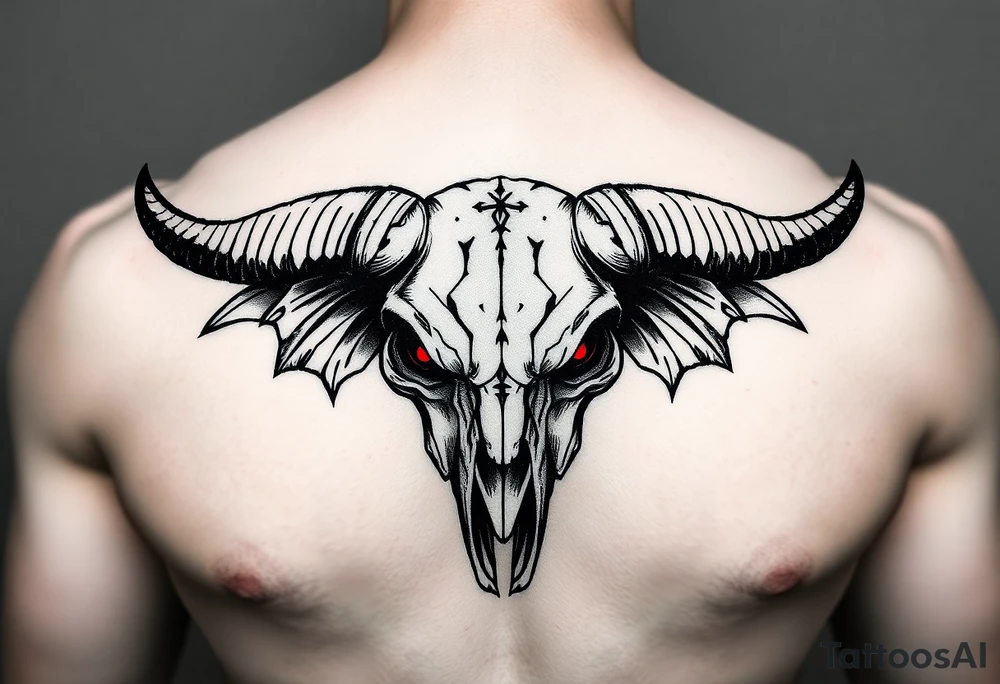 Evil Abstract looking taurus skull chest tattoo with red eyes tattoo idea
