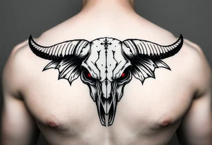 Evil Abstract looking taurus skull chest tattoo with red eyes tattoo idea