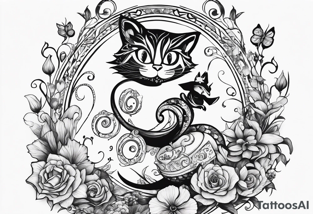 alice in wonderland dancing among magical flowers tim burton style cheshire cat tattoo idea