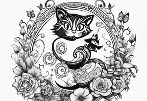 alice in wonderland dancing among magical flowers tim burton style cheshire cat tattoo idea