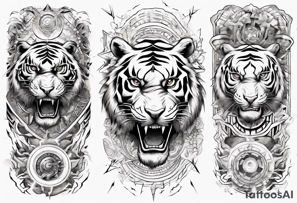 Ancient tiger with lightning and a sun for a forearm sleeve. With patterns surrounding it tattoo idea