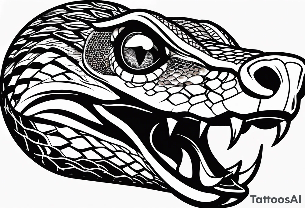 black and white drawing of a snake head with copper eyes an open mouth with mountain bike tire body tattoo idea