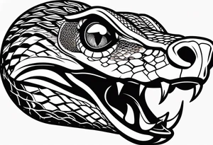 black and white drawing of a snake head with copper eyes an open mouth with mountain bike tire body tattoo idea