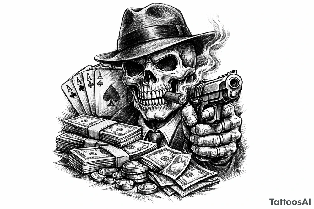 skull with gangster-hat,cigar in his mouth,gun in a hand,playing cards,a lot of money. tattoo idea