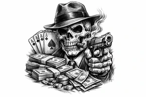 skull with gangster-hat,cigar in his mouth,gun in a hand,playing cards,a lot of money. tattoo idea