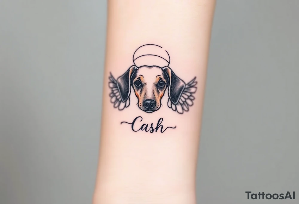 Dachshund ears inside wings with a halo above and the name Cash tattoo idea