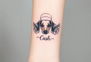 Dachshund ears inside wings with a halo above and the name Cash tattoo idea