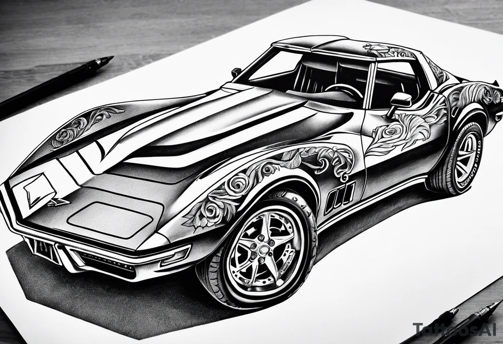 Skeleton driving a 1976 Corvette tattoo idea