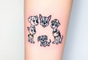 The silhouettes of Rubble
Skye
Zuma
Marshall
Drew Davis
Alex Porter
Rocky Paw Patrol members, arranged in a circular composition with a subtle gradient between them. tattoo idea