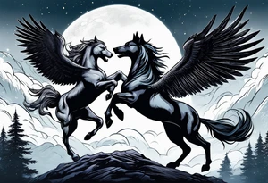 Female werewolf and Pegasus fighting each other in the night tattoo idea
