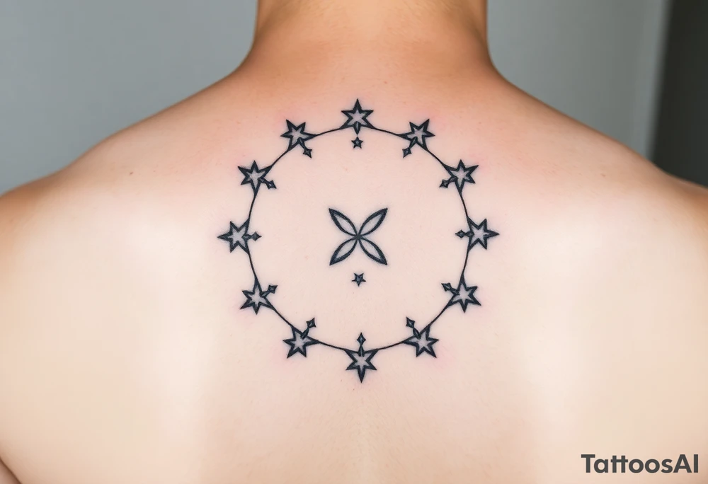 Simple Enso circle between shoulder blades

Stars for family (mum, dad, Dan, anders, Sofie, Ida, vibe, Laura, sue, Nick)

Other symbol for friends (Gul, Caspar, therese, Aimee, Tao, piers, Miranda, Caroline, Liv, Helen, Caroline, Nicky, Dave, Sarah) tattoo idea