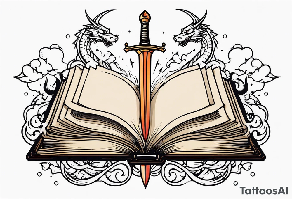 an open book with a sword through it, dragons and sparks surrounding the book. small design tattoo idea