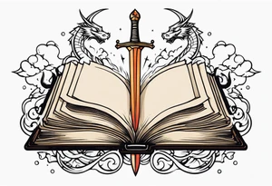 an open book with a sword through it, dragons and sparks surrounding the book. small design tattoo idea