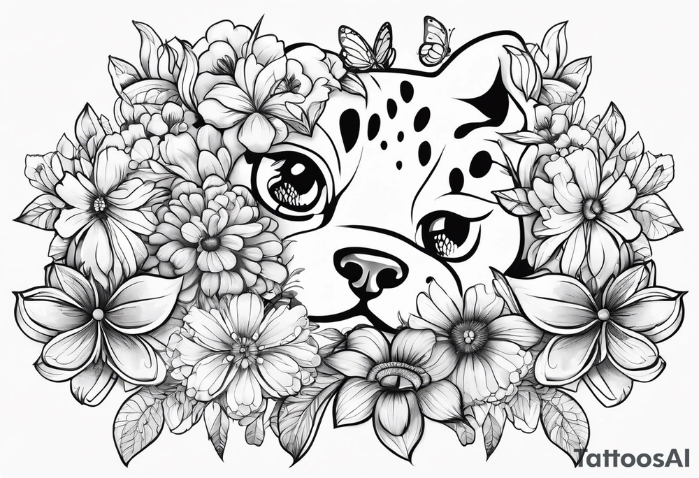 Generate a tattoo of a paw print with flowers and butterflies tattoo idea
