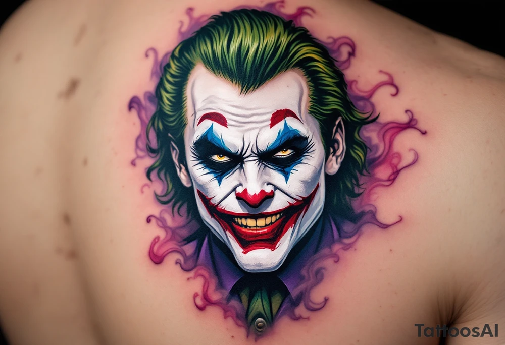 Got it! Here’s a more precise, AI-friendly description for a Joker tattoo:

**A close-up portrait of the Joker with a pale white face, bright red smeared lips forming a wide grin, sharp green slicked-back hair, dark black eyeshadow around piercing yellow eyes, wearing a purple suit collar, with swirling purple and red smoke in the background — colors vivid and contrast sharply for a dramatic effect.** tattoo idea