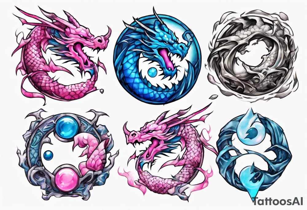 blue ying pink yang dragon stones tattoo idea