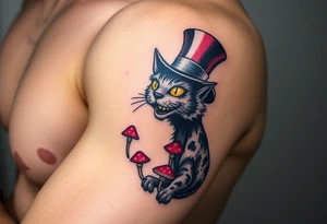 coloured cheshire cat, with top hat and mushrooms tattoo idea