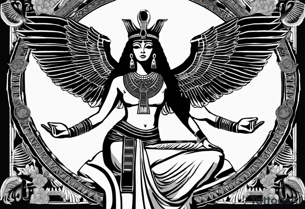 black and white Egyptian goddess Isis, who is often depicted as a woman with outstretched wings, holding an ankh (a symbol of life) in one hand and a lotus flower in the other. Her headdress often includes a throne or a solar disk. The tattoo design can vary in style and size, but it typically aims to capture the essence of this revered Egyptian deity, emphasizing her beauty, power, and maternal qualities. The choice of colors and additional elements can also be customized to create a unique and visually striking representation of the goddess Isis tattoo idea