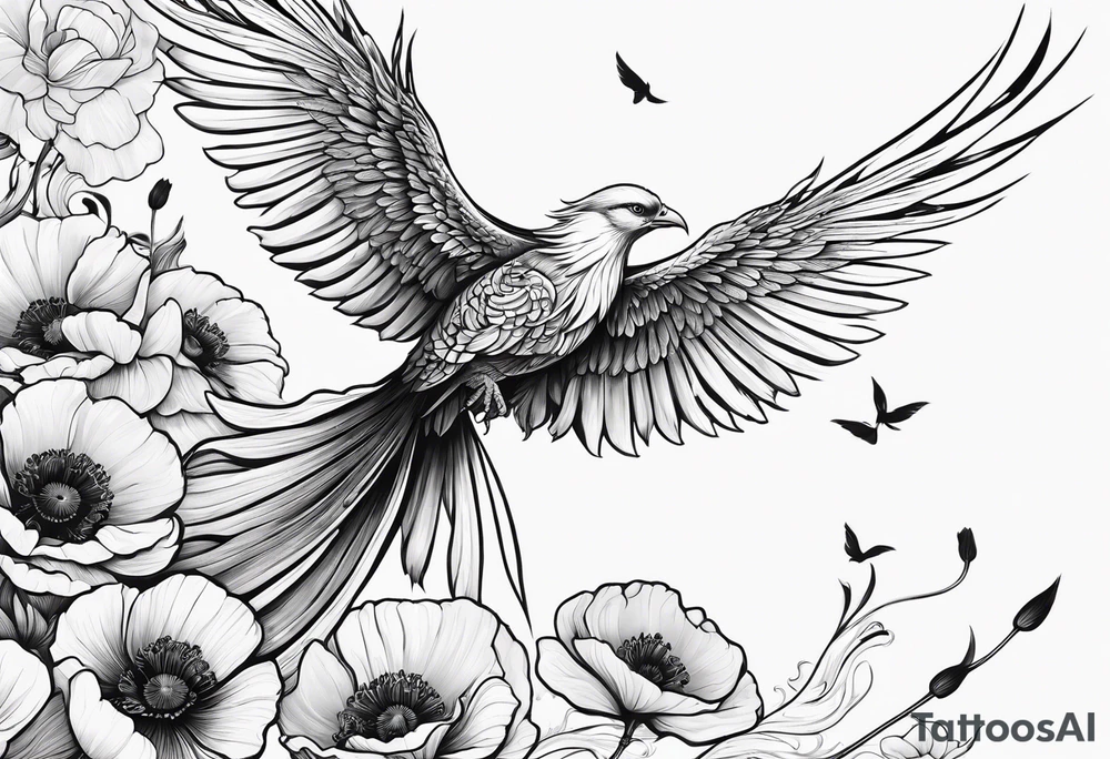 elongated phoenix in flight
in profile long tail with claws holding poppies falling tattoo idea