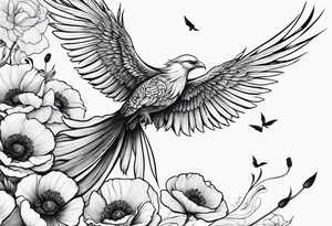 elongated phoenix in flight 
in profile long tail with claws holding poppies falling tattoo idea