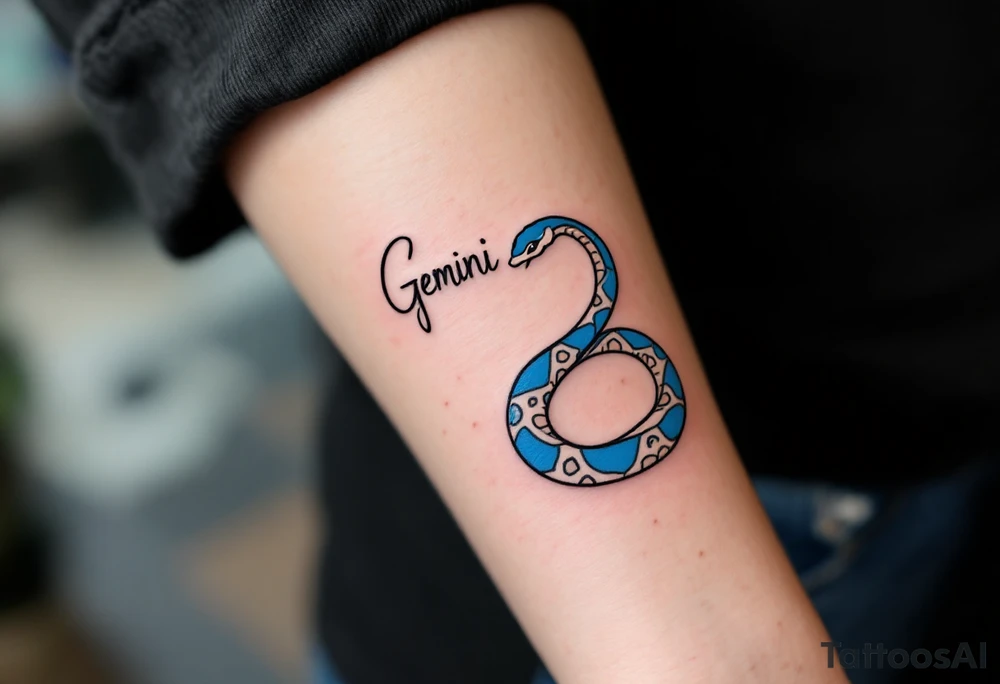 A minimalist twin snake design, one outlined in black and the other in electric blue, intertwined in a spiral and With word "Gemini" tattoo idea