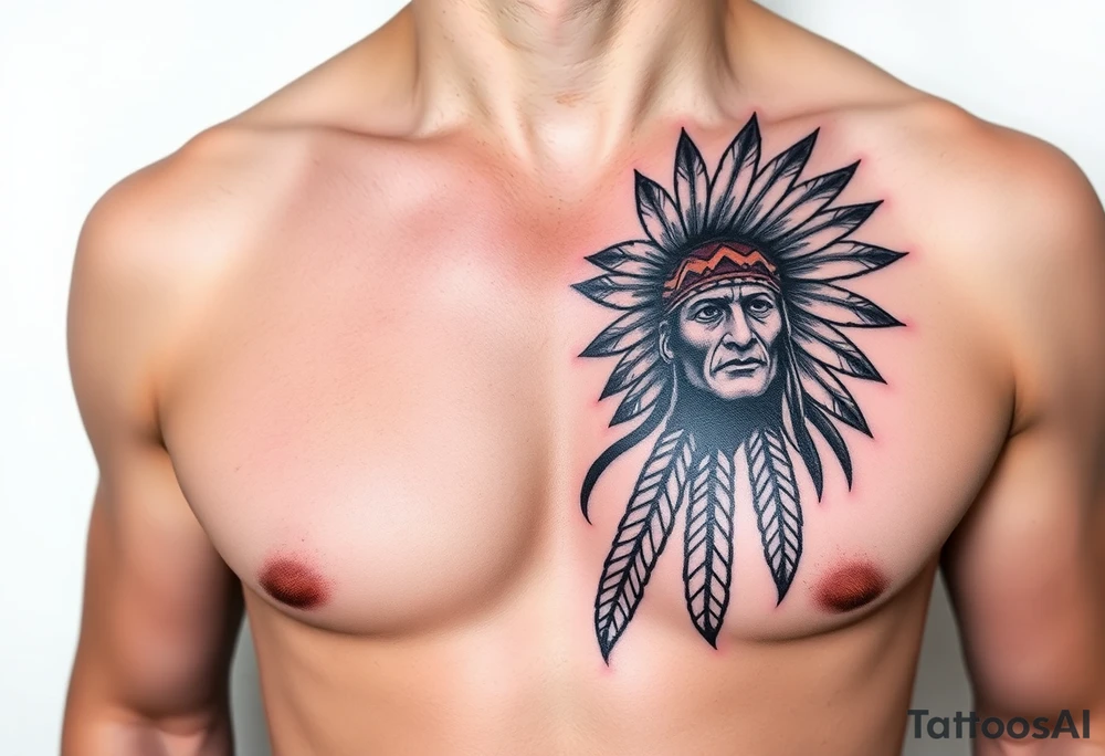 Native American chest color male left peck tattoo idea