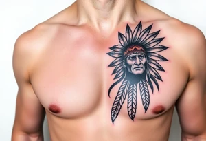 Native American chest color male left peck tattoo idea