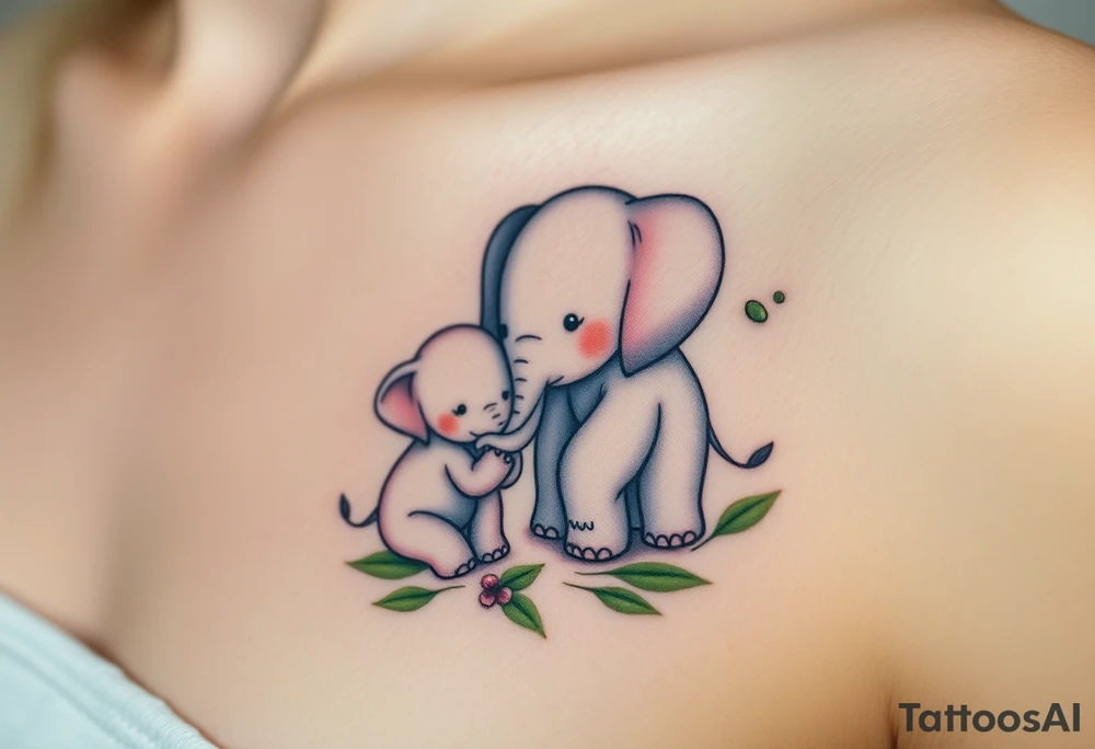 Two elephants while one is a baby elephant, the second is elephant mother. Baby elephant is holding its mother trunk, surrounded by soft green leaves and warm earth tones, symbolizing guidance and protection tattoo idea