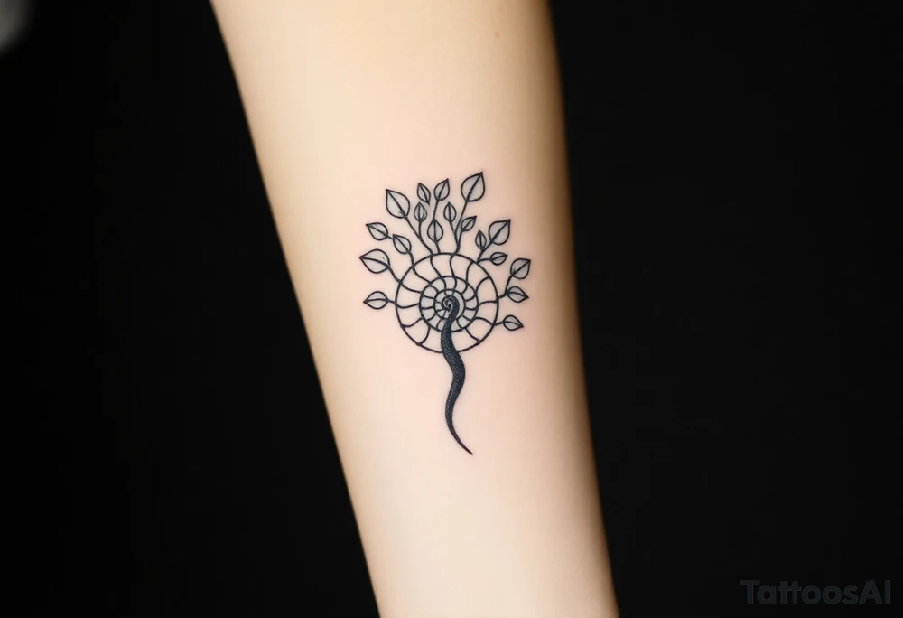 Fibonacci spiral shell inside of tree full of lots of leaves tattoo idea