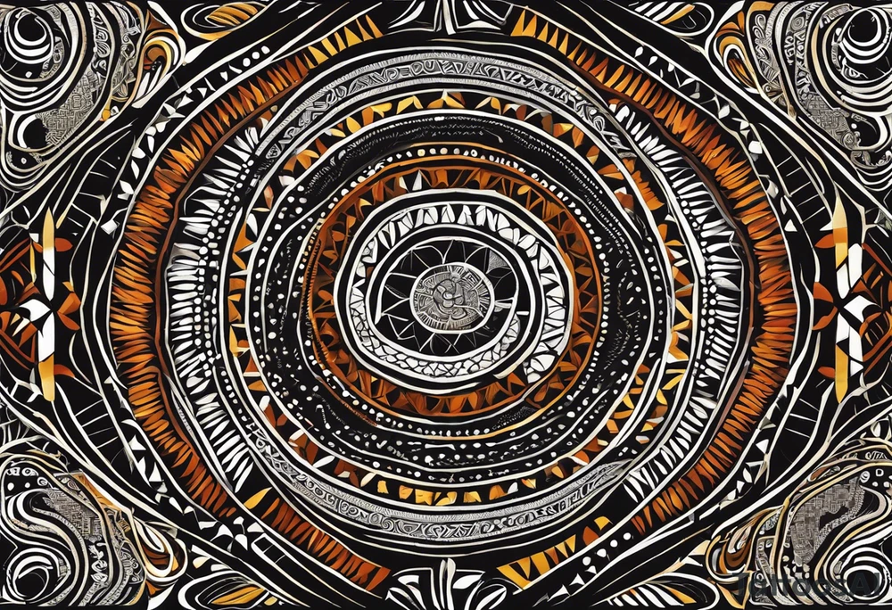 Ornement en longueur du coude à mi bras. Forme géométrique en longueur avec des signes aborigène australiens désignant les kangourous, la vie. Puis dessiner un soleil, des vagues et des feuilles en rapport à l’Australie ou Bali. tattoo idea