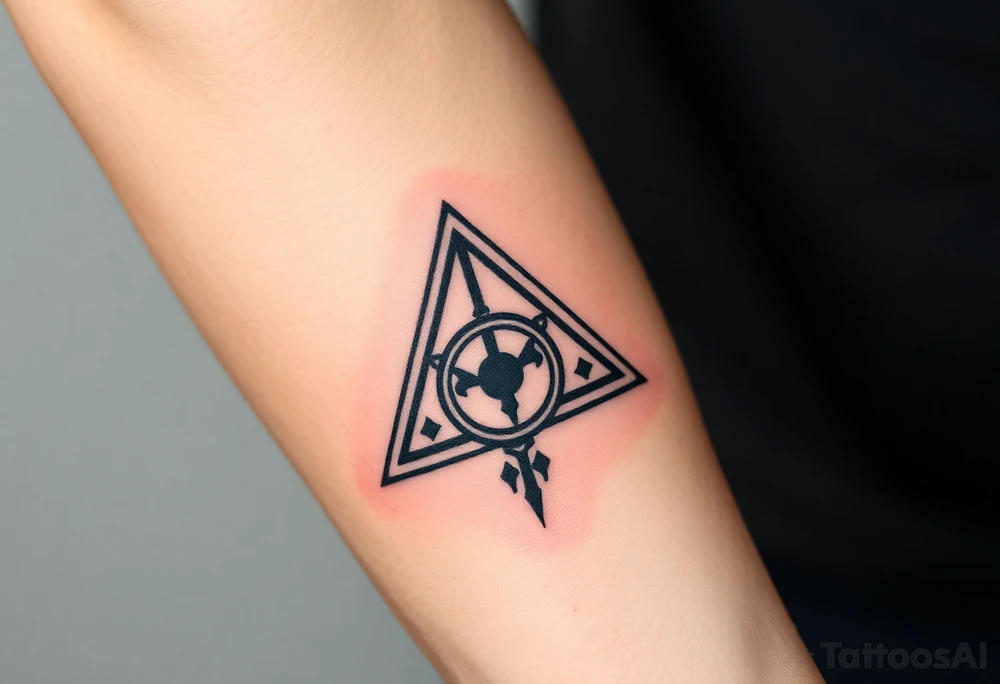 A gothic-style Deathly Hallows symbol, merged with the Dark Mark in an ominous fusion tattoo idea